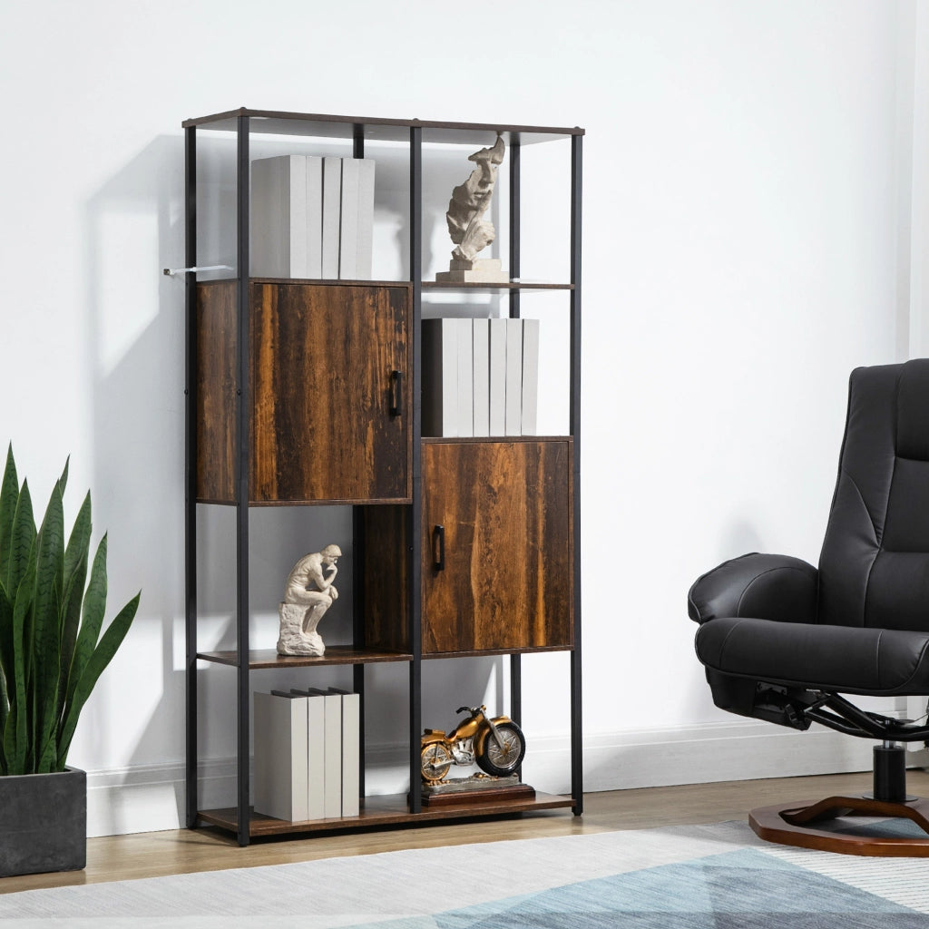 Libreria Stile Industriale con 4 Ripiani e 2 Armadietti, 90x30x159.5cm, Nero e Marrone