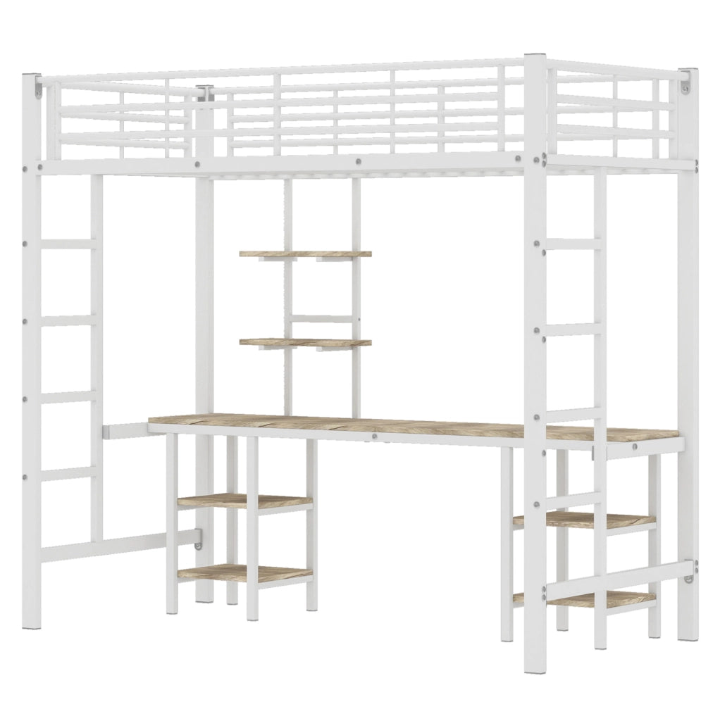Letto a castello 204.5x95.5x180.5 cm con tavolo e ripiani in metallo e MDF bianco