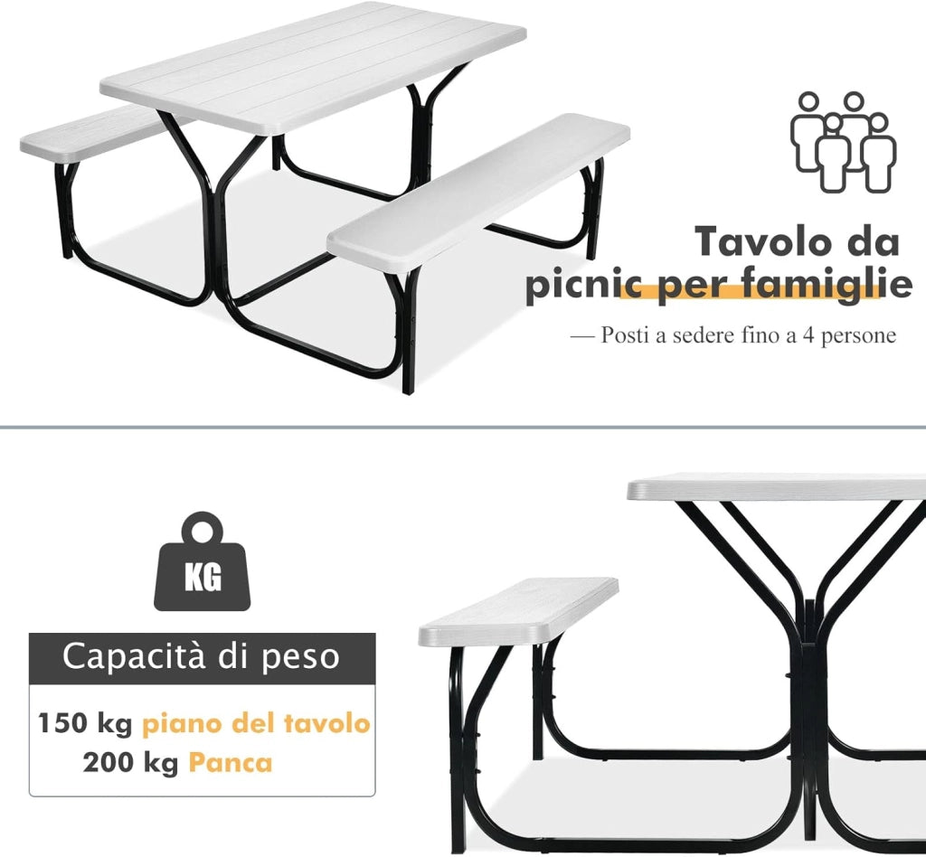 Tavolo da Campeggio con Sedie, da 4 Posti, 137 x 150 x 72cm, Set Tavolino Picnic HDPE Struttura in Metallo, per Picnic Cortile Barbecue (bianco)