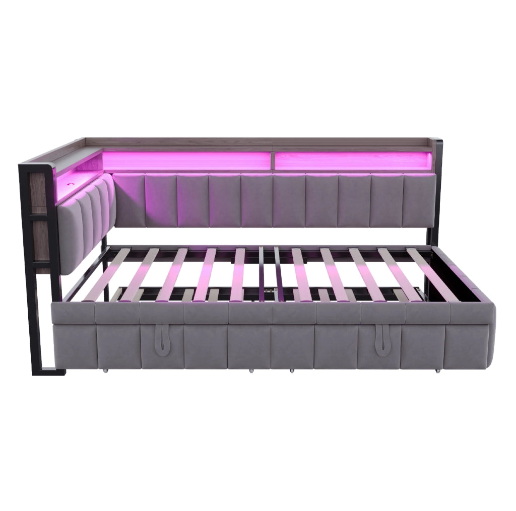 Divano letto 90x200 cm con letto estraibile, LED, USB e vani contenitivi