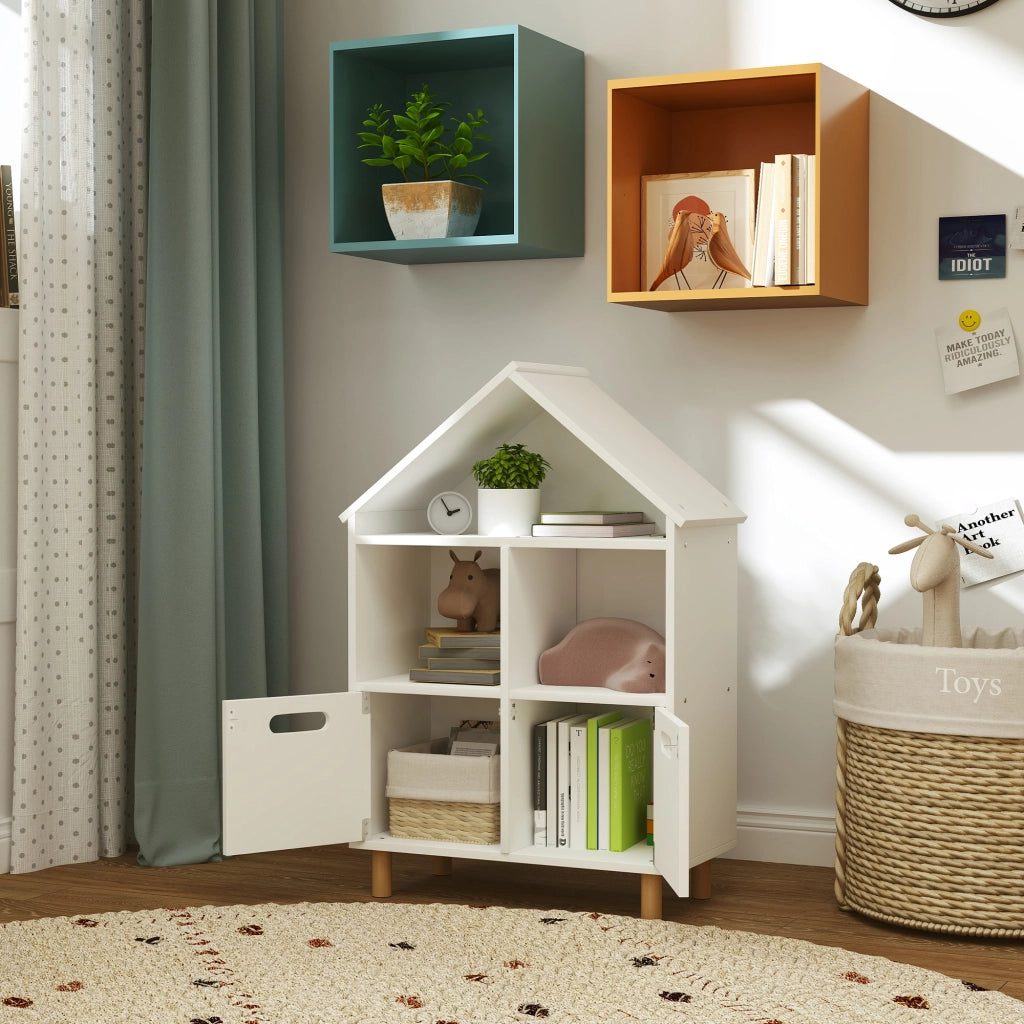 Libreria per bambini ¨C zephmum ¨C 3 ripiani, 2 cassetti, forma casa, 64x30x89 cm, bianco