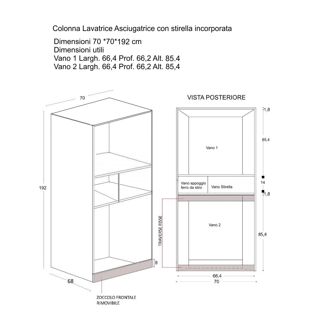 Mobile Lavanderia a Colonna per Lavatrice o Asciugatrice con Asse da Stiro e Ante 70x70x192A cm in Nobilitato Unika