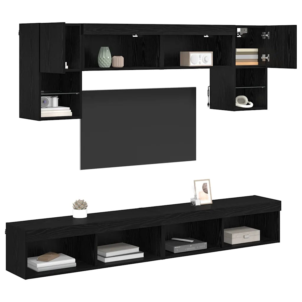 Unità a muro per TV con LED 6 pcs Rovere Nero Legno multistrato 3402964