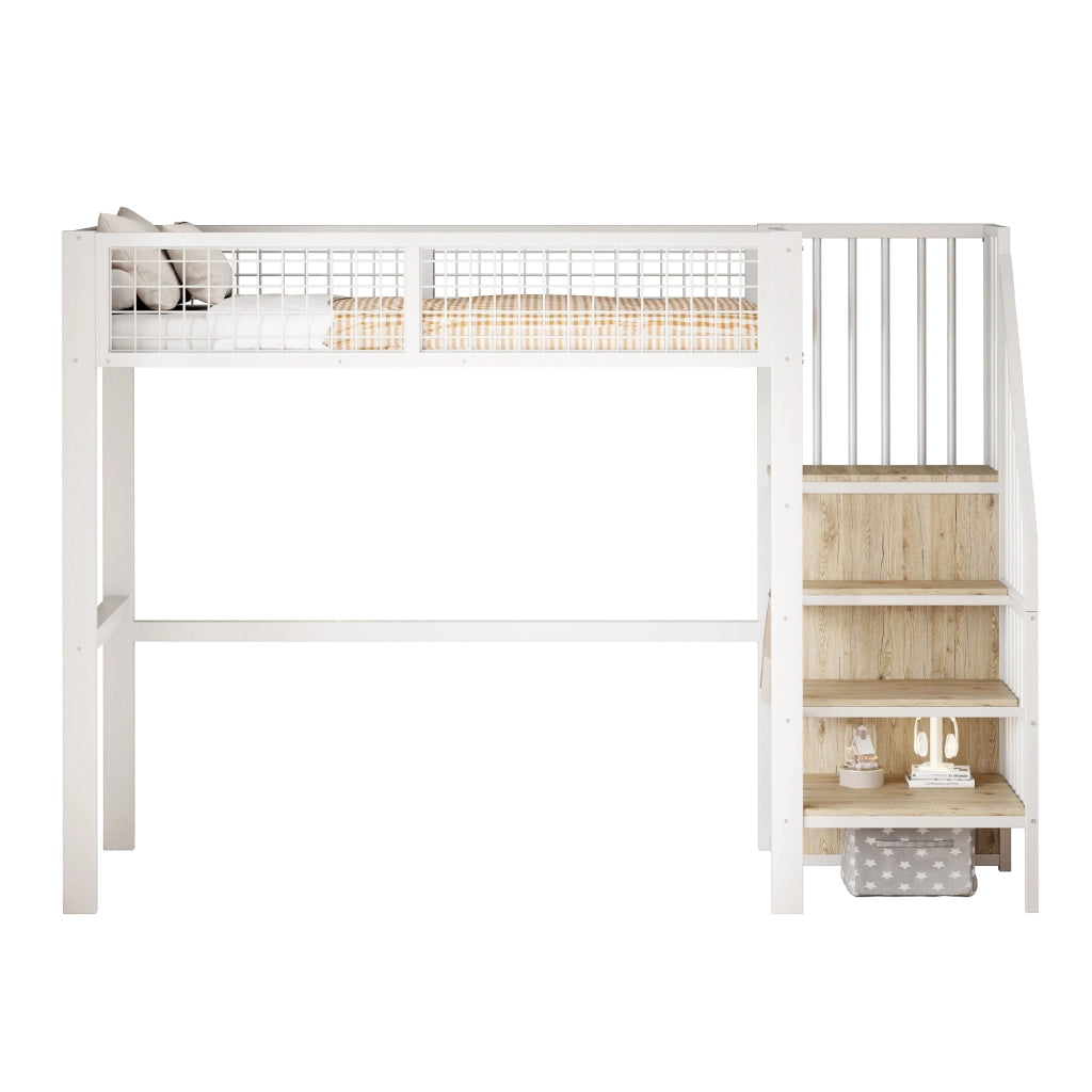 Letto a castello bianco con scala e armadio in metallo 90x200 cm
