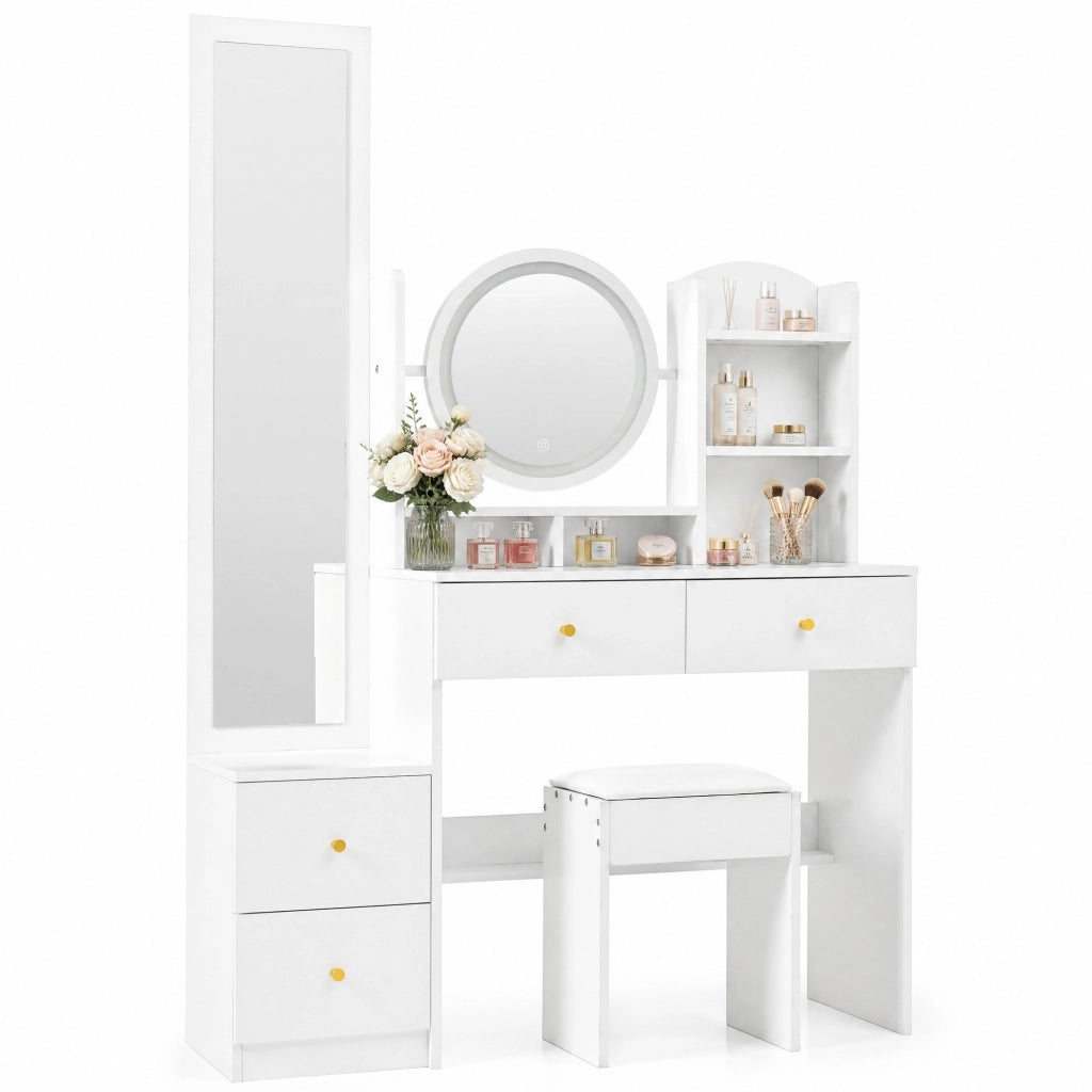 Toeletta 4 in 1 con specchio LED e specchio girevole, sgabello, 109x36x164 cm, bianca