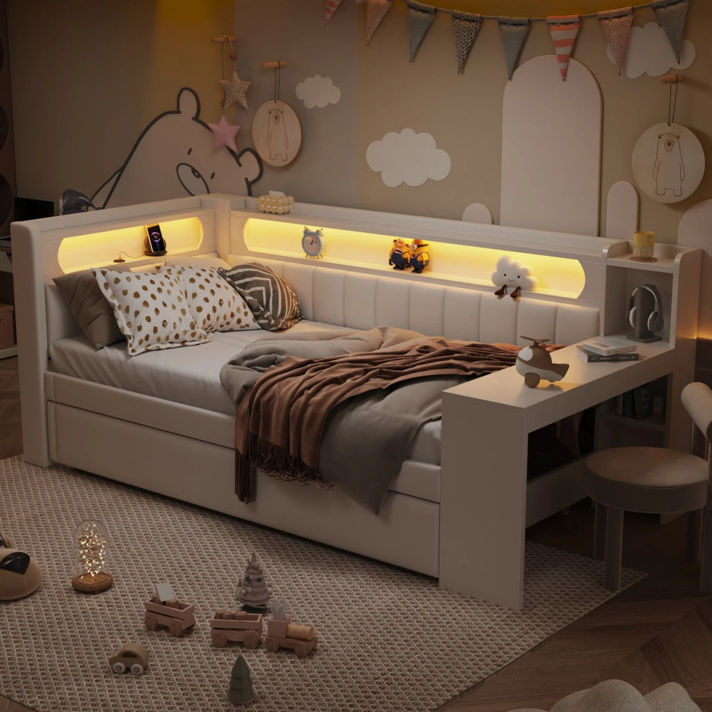 OKWISH Letto a Divano 90×200 cm, Letto Singolo con USB, LED Regolabile e Scrivania, letto estraibile 90×190 cm, senza Materasso, Bianco