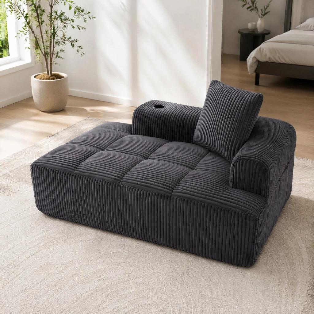 Divano compatto in corduroy con tasche laterali e portabicchieri; 158x93x61 cm; grigio scuro