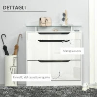 Scarpiera Moderna con 2 Cassetti per 16 Scarpe, Scarpiera a Ribalta con Mensola Regolabile e Ripiano in Vetro, 89x23x96cm, Bianco Lucido