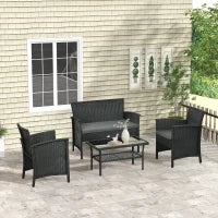 Salotto da Esterno Rattan PE con Divanetto, 2 Poltrone con Cuscini e Tavolino in Vetro, Nero e Grigio