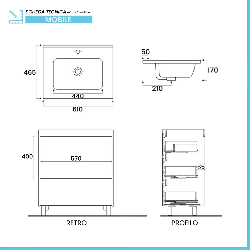 Mobile bagno a terra 60 cm in quercia bianca con lavabo e specchio Leda