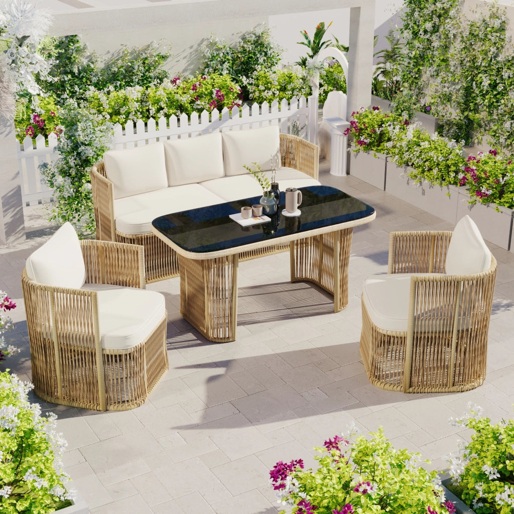 Set di mobili da giardino in rattan in PE a 5 pezzi con divano a 3 posti 2 poltrone e tavolo di vetro ¨C Set soggiorno esterno con cuscini in poliestere struttura in acciaio e piano in vetro temperato per patio e balcone
