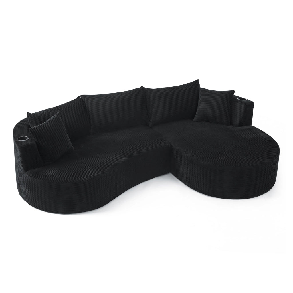 Divano Angolare 3 Posti con Chaise Longue ¨C MINIMAL ¨C Velluto a Coste, Nero, con Cuscini