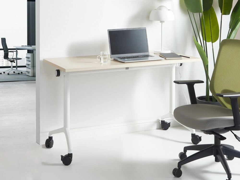 Scrivania rettangolare pieghevole con rotelle portatile con struttura in metallo legno chiaro e bianco 120 x 60 cm stile moderno