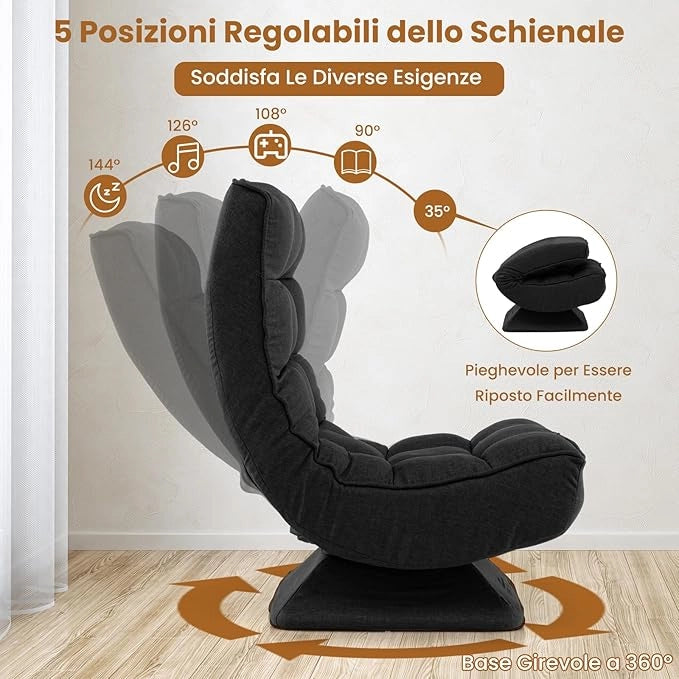 Chaise longue da Pavimento Pieghevole, Sedia da Gioco da Pavimento con Schienale Regolabile in 5 Posizioni, Divano Reclinabile da Interno (Nero)