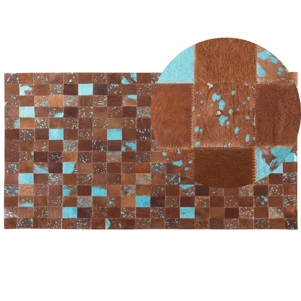 Tappeto Pelle Marrone e Blu 80 x 150 cm Pelle Bovina Artigianale