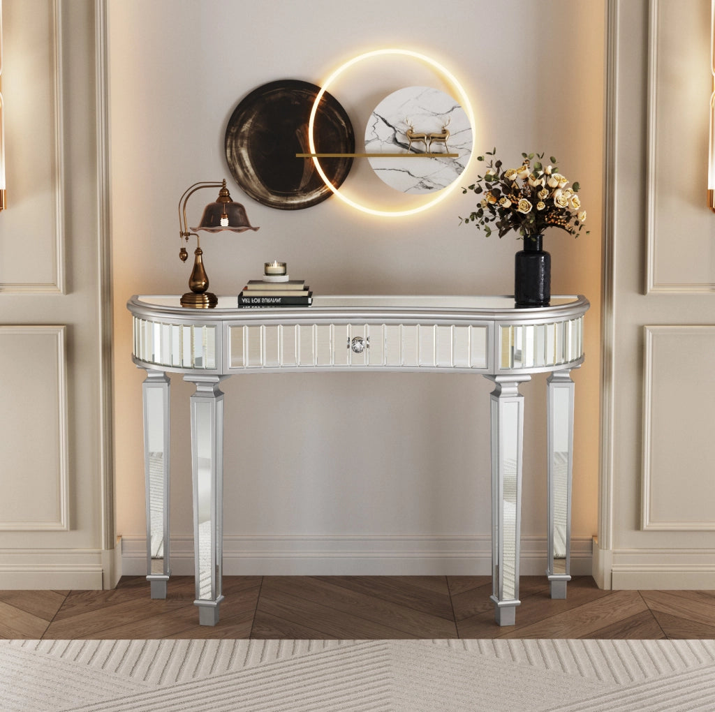 Consolle semicircolare a specchio 120 cm grigio argento