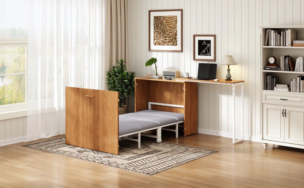 Letto a scomparsa 90 × 200 cm con scrivania girevole, materasso incluso, con ruote, in metallo e legno, naturale