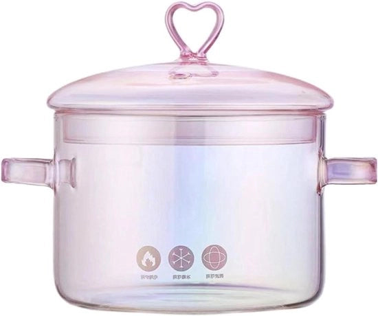 Pentola a Vapore in Vetro con Coperchio 1,5 Litri - Cucina Pasta Zuppa Latte Tè - Colore Rosa
