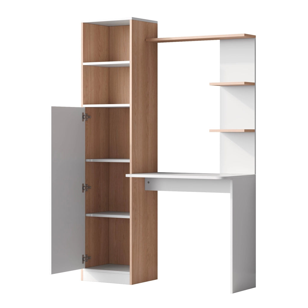 Scrivania con contenitore e scaffalature aperte, design moderno bianco e effetto legno, 123,5x45x168,5 cm