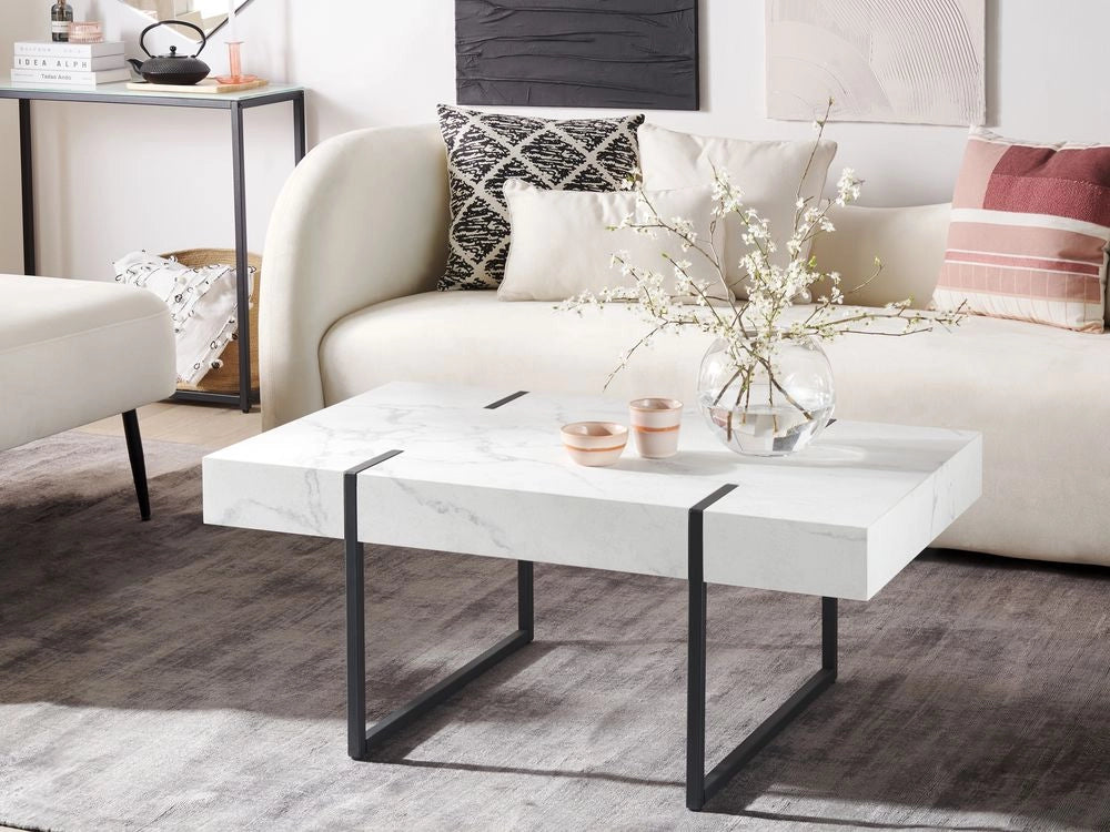 Tavolino Bianco con MDF Nero Metallo 100 x 60 cm Gambe da Tavolo Effetto Marmo Rettangolare Stile Moderno