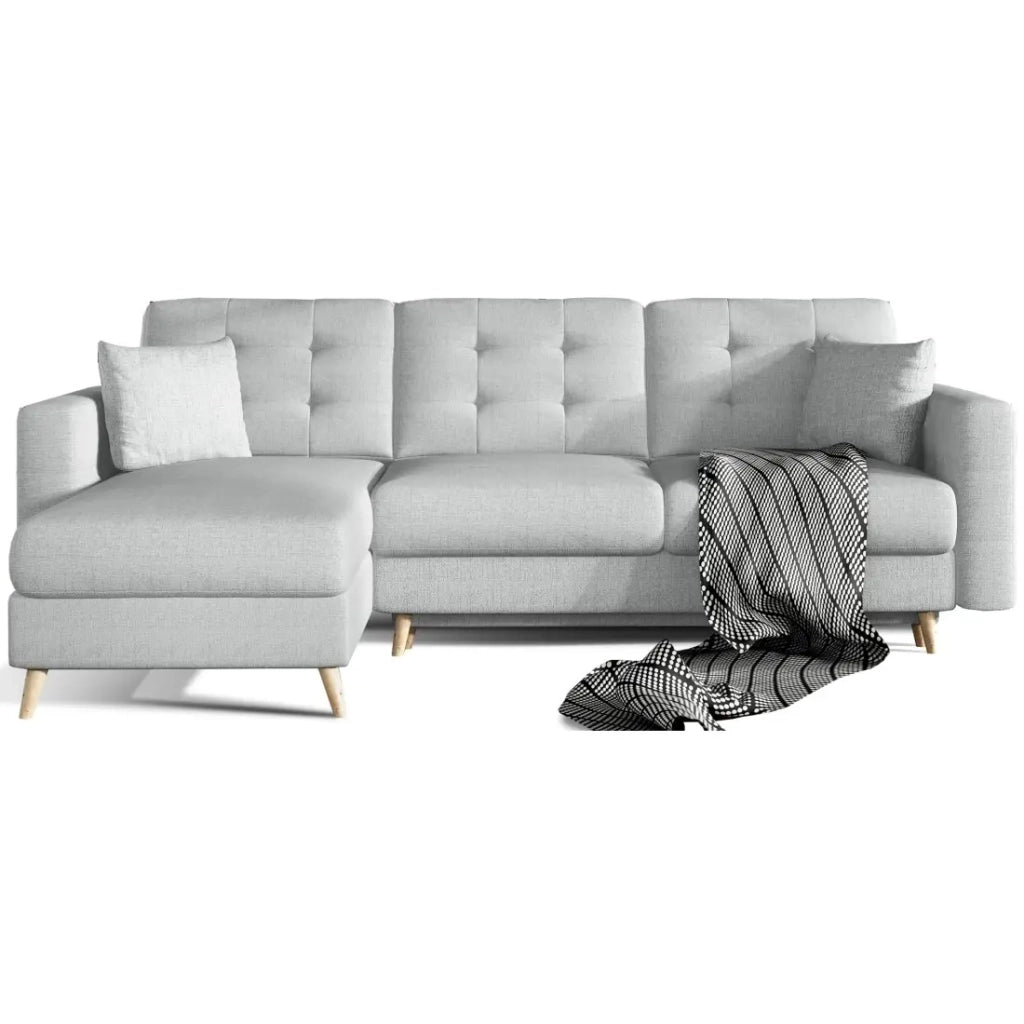 Divano ad angolo trasformabile HASGARD 3 posti grigio 248x162 cm - con vano contenitore e piedi in legno