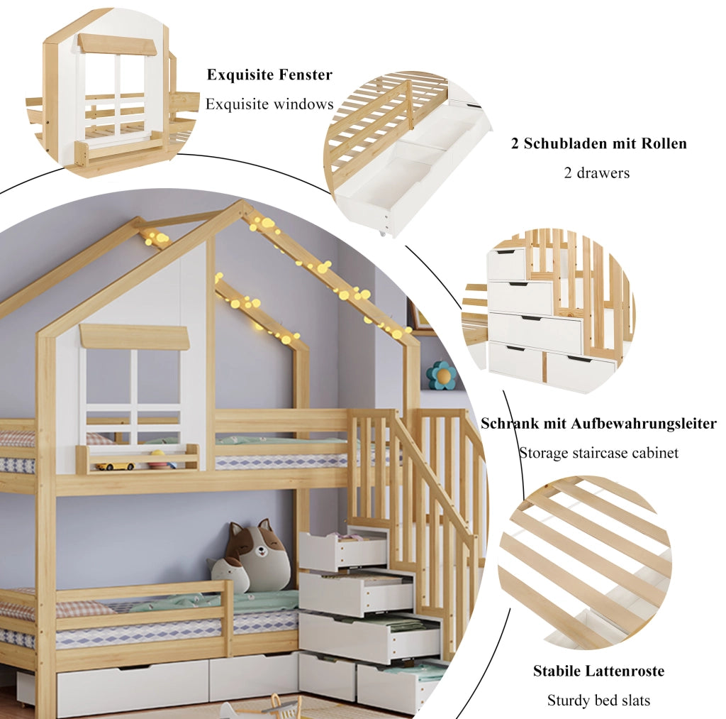 Letto a castello per bambini con cassetti, finestra decorativa e scala con corrimani