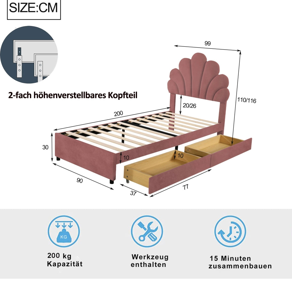 OKWISH Letto Bambini 90×200 cm, Letto Singolo con 2 Cassetti, Testiera Imbottita, 2 Vani e Velluto, senza Materasso, Rosa