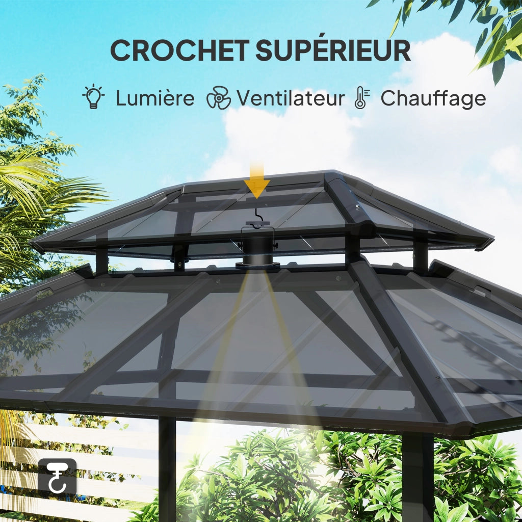 Gazebo Barbecue con Doppio Tetto Rigido 2 Ripiani e Gancio ¨C Zephmum ¨C 244x184x258cm Nero
