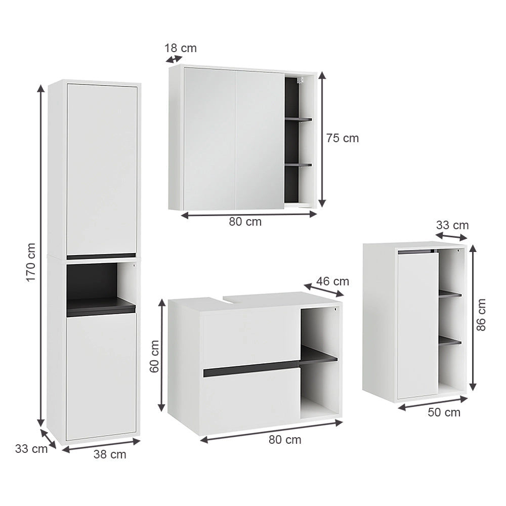 Set di mobili da bagno Viola Bianco/Grigio 4 parti Vicco