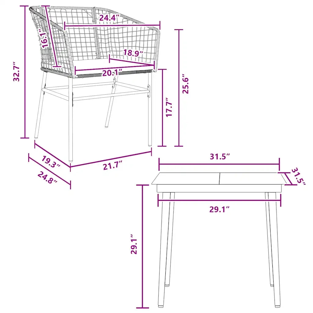 vidaXL Set da Pranzo da Giardino 3pz con Cuscini Polyrattan Vetro