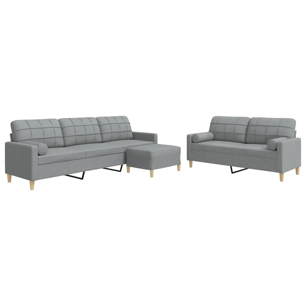 Set Divani 3 pz con Poggiapiedi e Cuscini Grigio Chiaro Tessuto