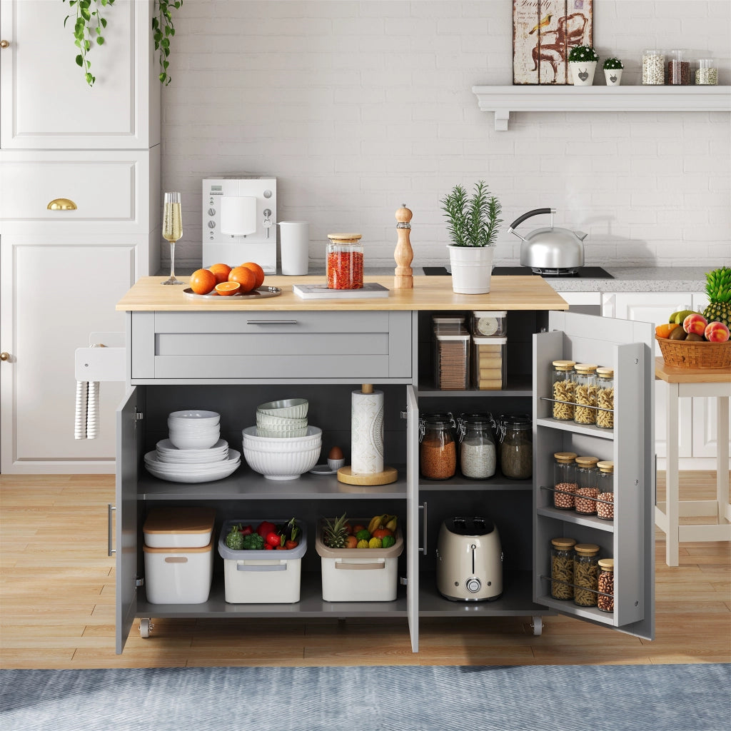 Carrello da Cucina con 2 Ante; 1 Cassetto; Portasciugamani e 5 Ruote; in MDF; Grigio; 132.5 x 44 x 90 cm