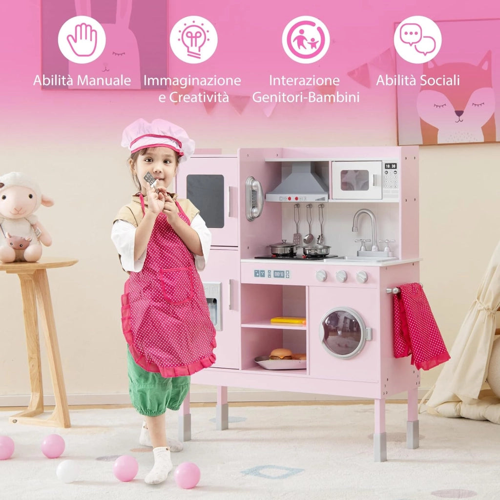 Cucina Giocattolo per Bambini, Cucina Legno per Bambini con Macchina del Ghiaccio, Telefono, Lavatrice, Microonde, Altezza Regolabile, Funzione Luci e Suoni, per Bambini 3+ Anni
