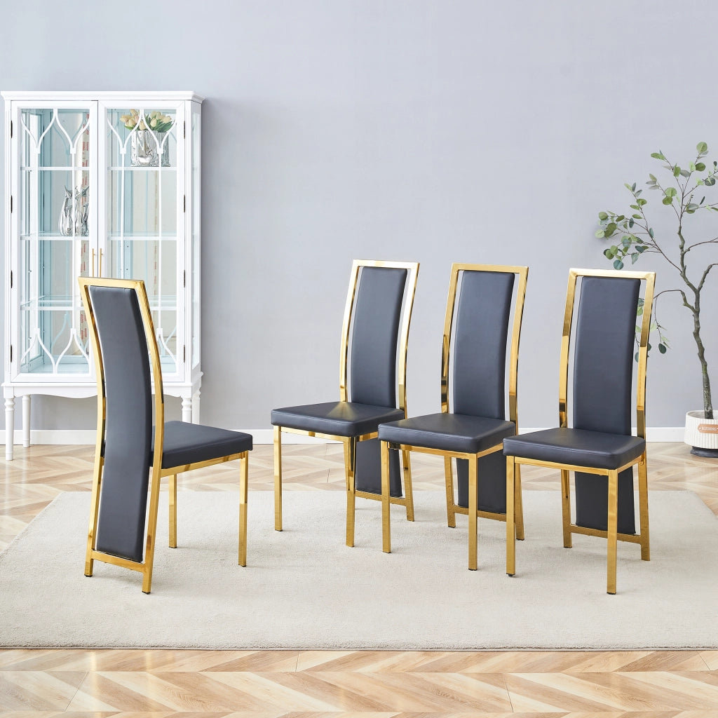 Sedia da Pranzo Set da 4 con Schienale Alto Ergonomico e Piedini Antiscivolo in Similpelle e Metallo Nero e Oro 109 cm