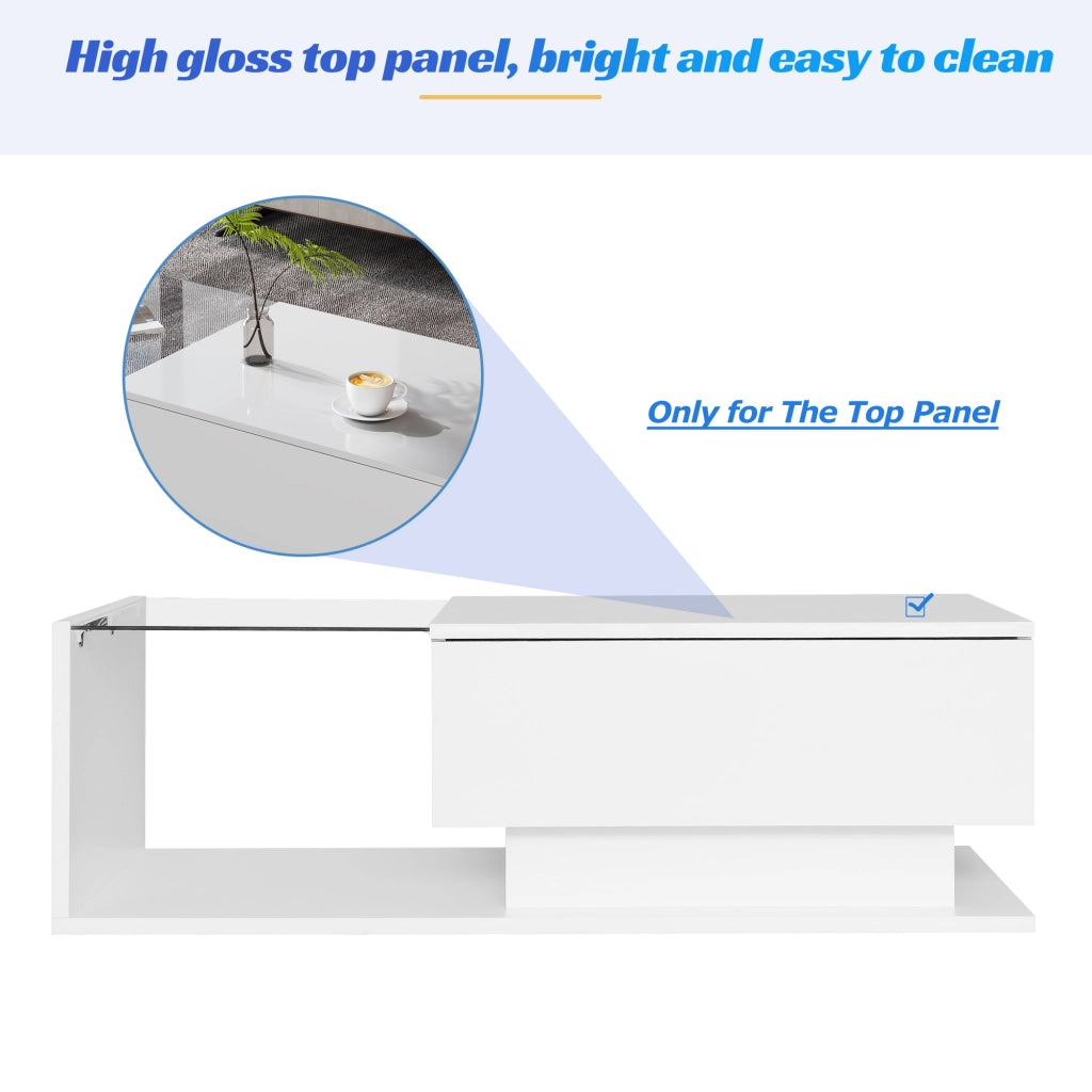 TAVOLINO da caffè 100x50x32 cm bianco lucido con cassetto e LED
