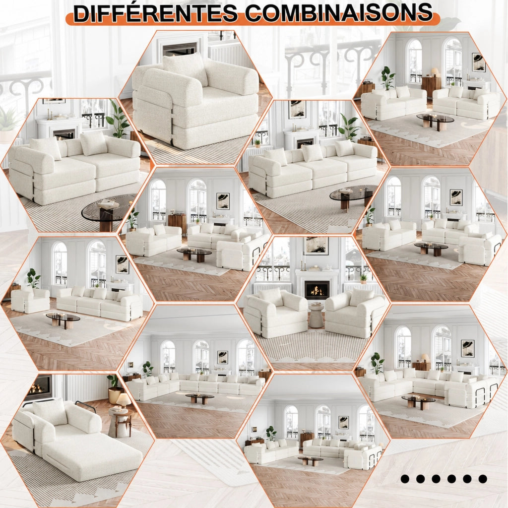 Divano letto convertibile in ciniglia con vano nel bracciolo, struttura in acciaio e base antiscivolo beige