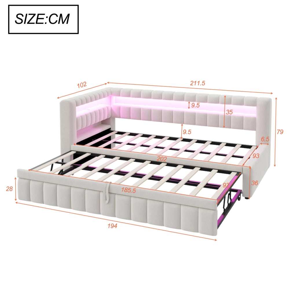 Divano letto estraibile 90x200 cm con LED, USB e USB-C in velluto beige