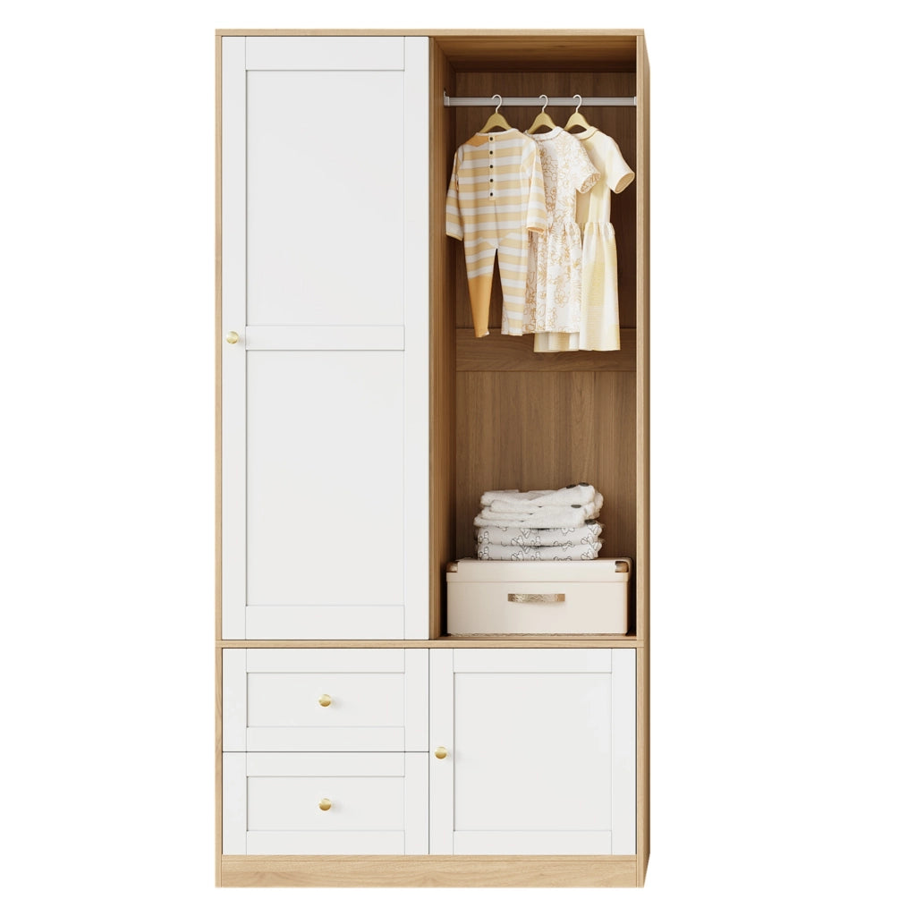 Set cameretta con lettino a sbarre e armadio scorrevole, legno massello e MDF, Natural/White