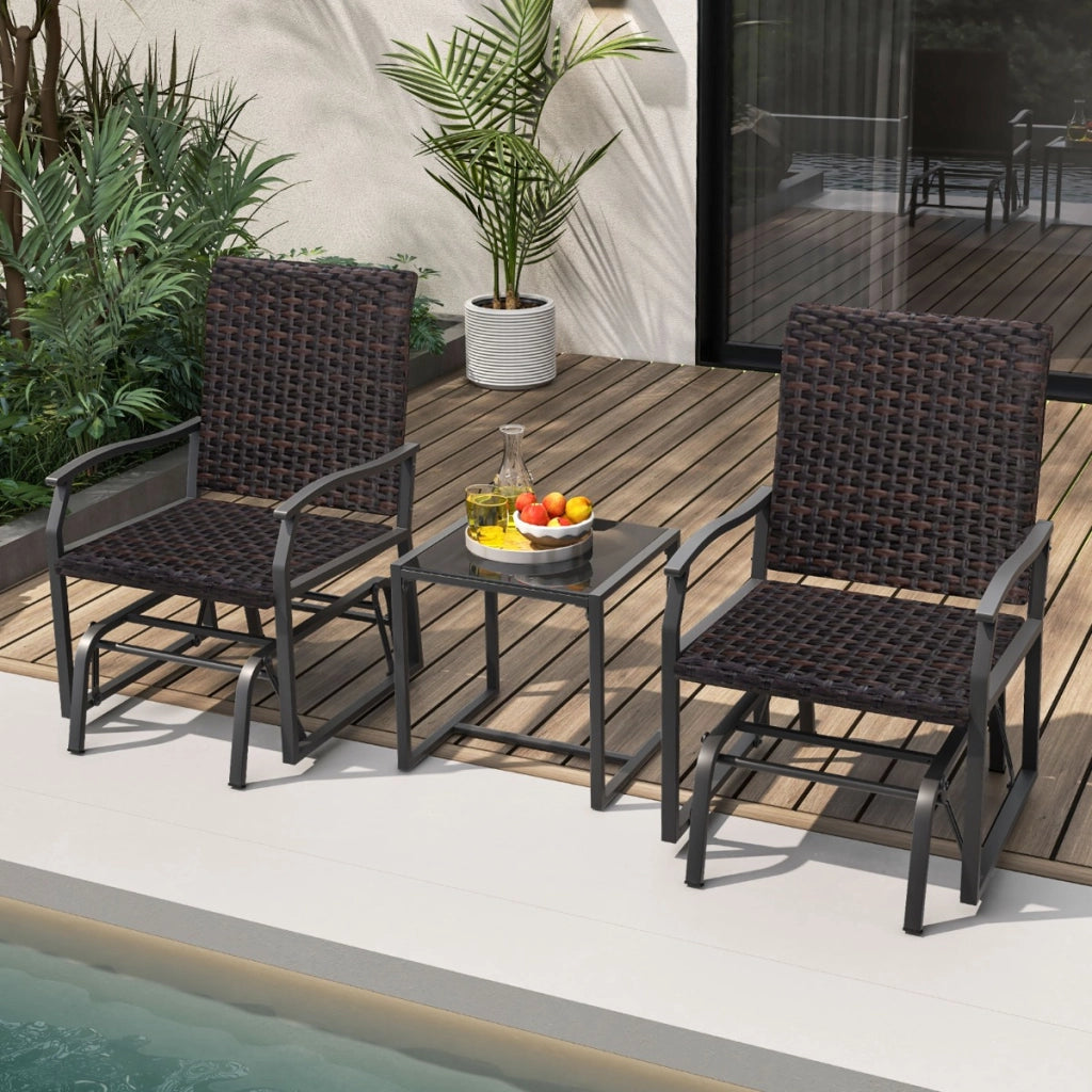 Set da giardino a dondolo 3 pezzi, Set di mobili in vimini con tavolino in vetro temperato seduta in rattan Marrone-Set mobili da esterno