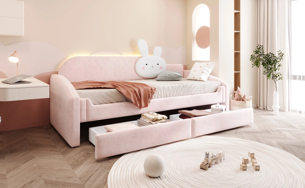 DESMIU Letto per bambini 90 × 200 cm con 2 cassetti, LED e cuscino coniglio, senza materasso, in velluto, rosa