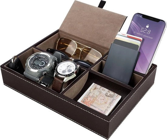 Organizzatore in legno con 5 cassettoni per scrivania e comodino - Ideale per portafoglio, cellulare, chiavi, gioielli
