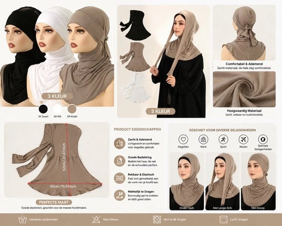 Set di Hijab a 3 pezzi per donne – Stile Barakah elegante – Bambù leggero e respirante – Copricapo islamico comodo per uso quotidiano – Nero, Marrone e Beige