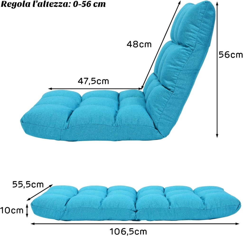 Sedia da Terra, Sedia da Pavimento con Posizioni Regolabili, Sedia Reclinabile Imbottita con Struttura in Acciaio Durevole, Facile da Conservare, Ideale per Salone Studio e Camera (Blu Pavone)