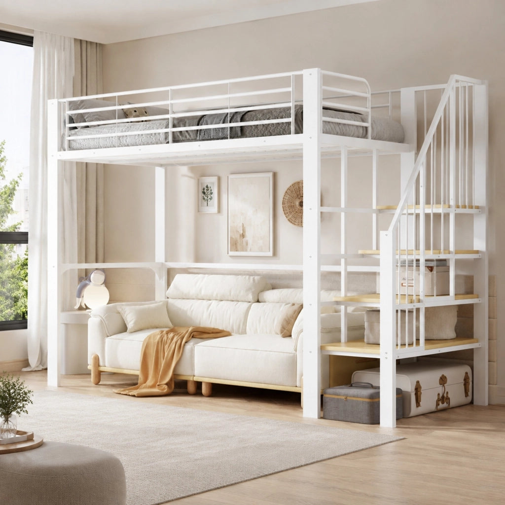 DESMIU Letto a soppalco letto singolo 90 × 200 cm 1 posto con scala e vano contenitore, senza materasso, bianco