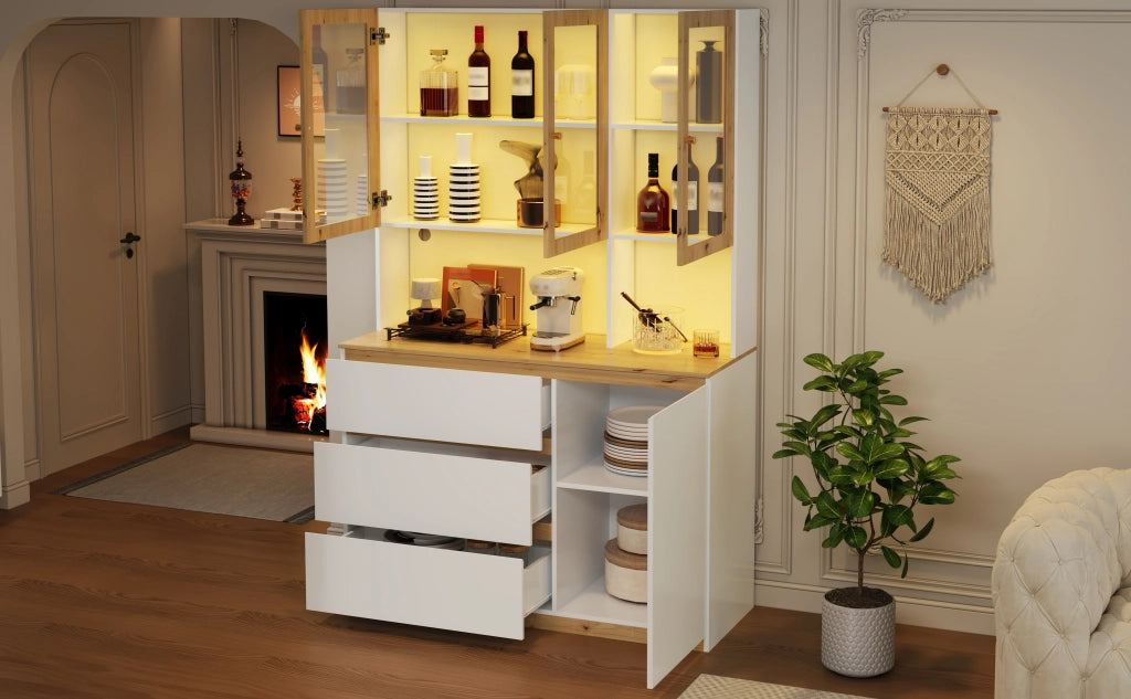Vetrina alta con LED, 1 anta, 3 cassetti e vani aperti, per soggiorno e cucina, in MDF, bianco e rovere, 120 × 200 cm