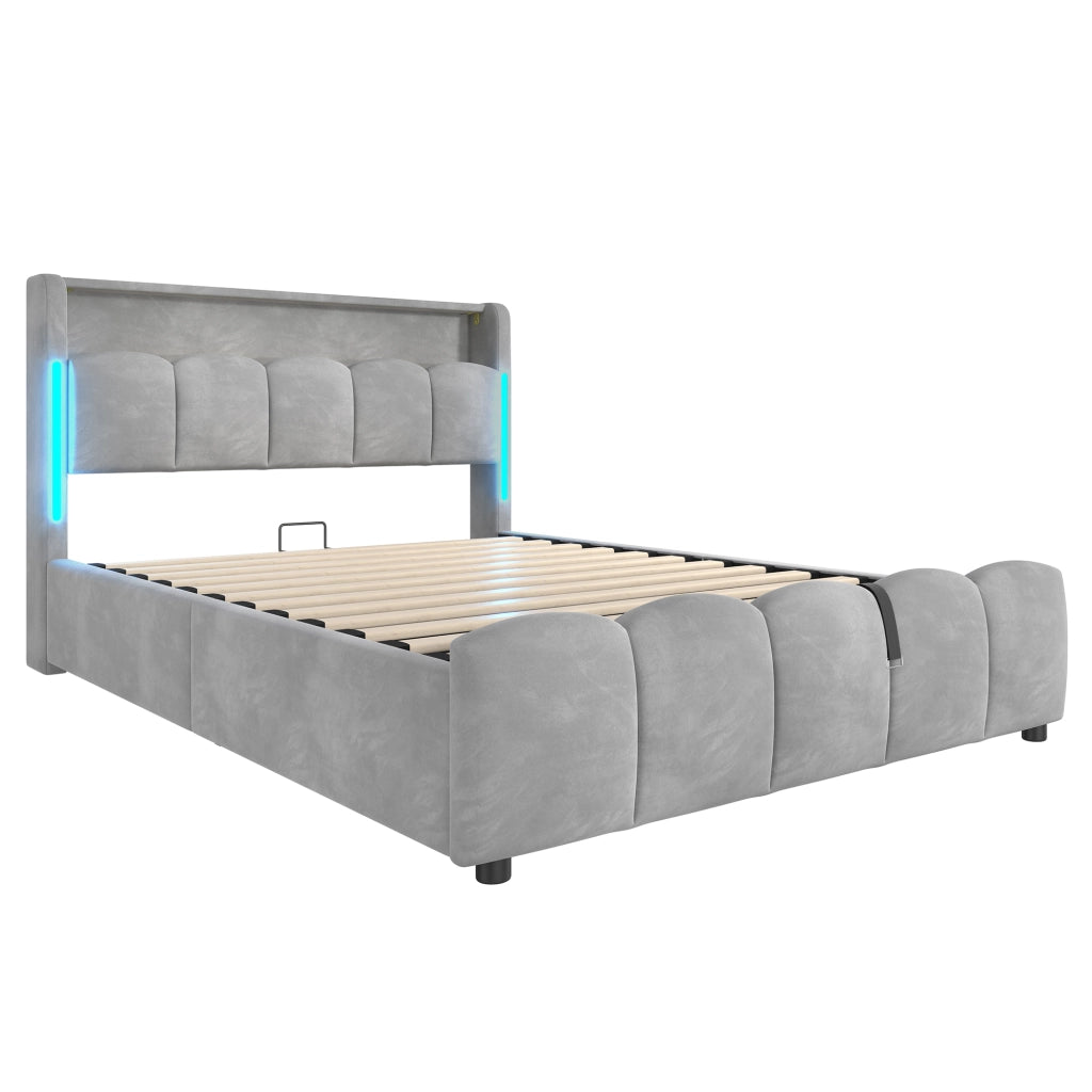 OKWISH Letto Contenitore 140×200 cm, Letto Matrimoniale con LED Regolabile, USB, Tipo C e Vano Contenitore in Testiera, senza Materasso, Velluto, Grigio