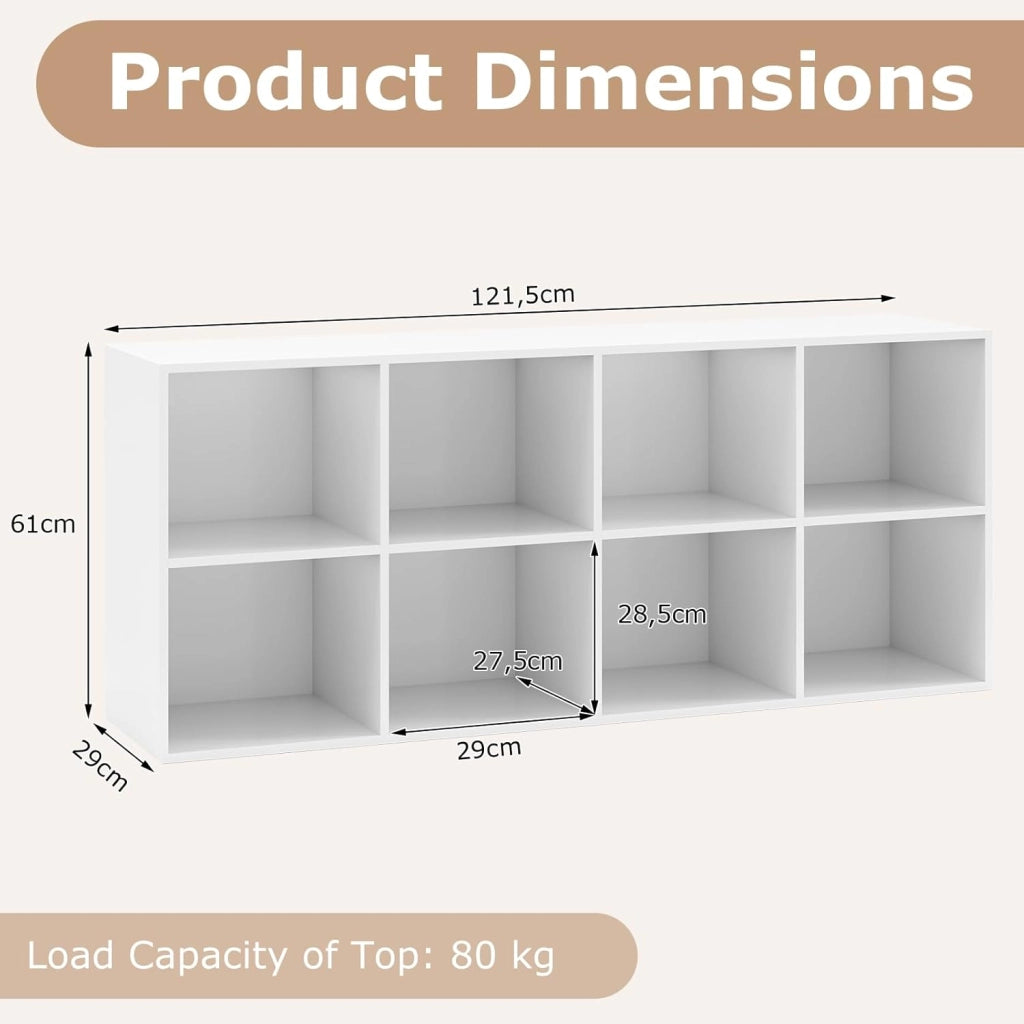 Libreria Scaffale con 8 Cubi, Libreria Legno con 2 Dispositivi Antiribaltamento, Mobile Contenitore per Soggiorno, Camera da Letto, Ufficio, 121,5 x 29 x 61 cm (Bianco)