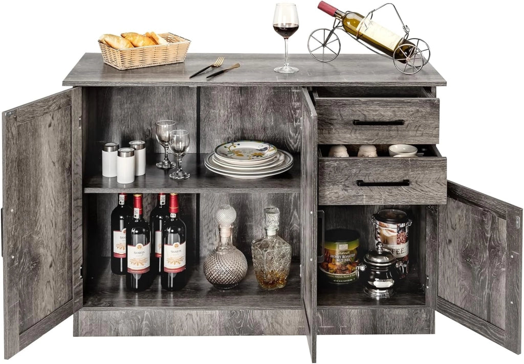 Cassettiera con 2 cassetti, organizer per stoviglie con 2 porte, console antica per soggiorno, armadio di ingresso con ripiano regolabile