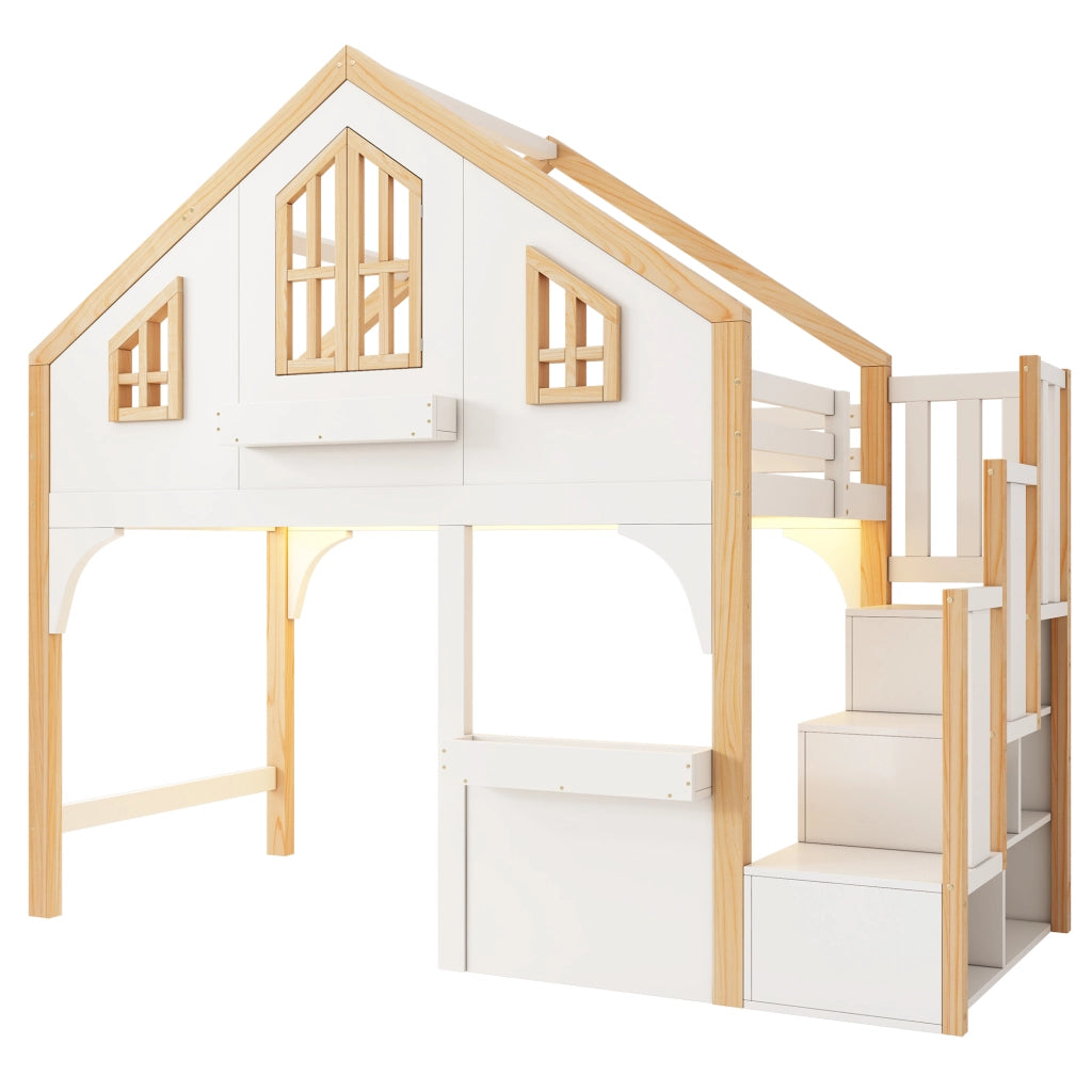 Letto a Soppalco 90x200 cm con Scala Contenitore; LED e Finestra in Legno Bianco