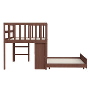 Letto a soppalco bambino 90×200 cm estraibile con lavagna; ripiani e scaletta; senza materasso; legno; marrone